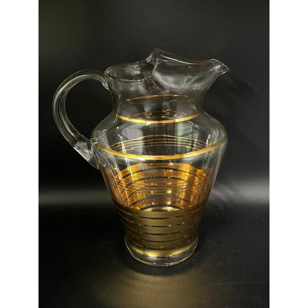 Vtg 1940s MCM Glass Ice Lip Pitcher‎ Gold Stripe Barware Drinkware 11